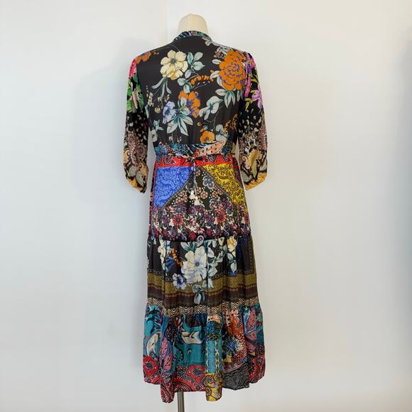 Johnny Was Silk Tibby Jaime 3/4 Sleeve Tiered Maxi Dress Multicolor Patchwork XS - Picture 9 of 15